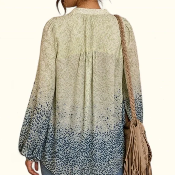 Lace Trim Floral Blouse | Boho Ombre Pintuck Button Front Medium - Picture 2 of 4